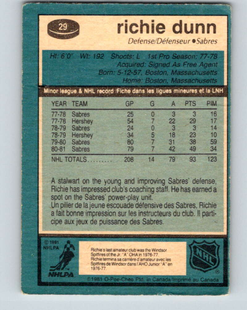 1981-82 O-Pee-Chee #29 Richie Dunn Buffalo Sabres V29575