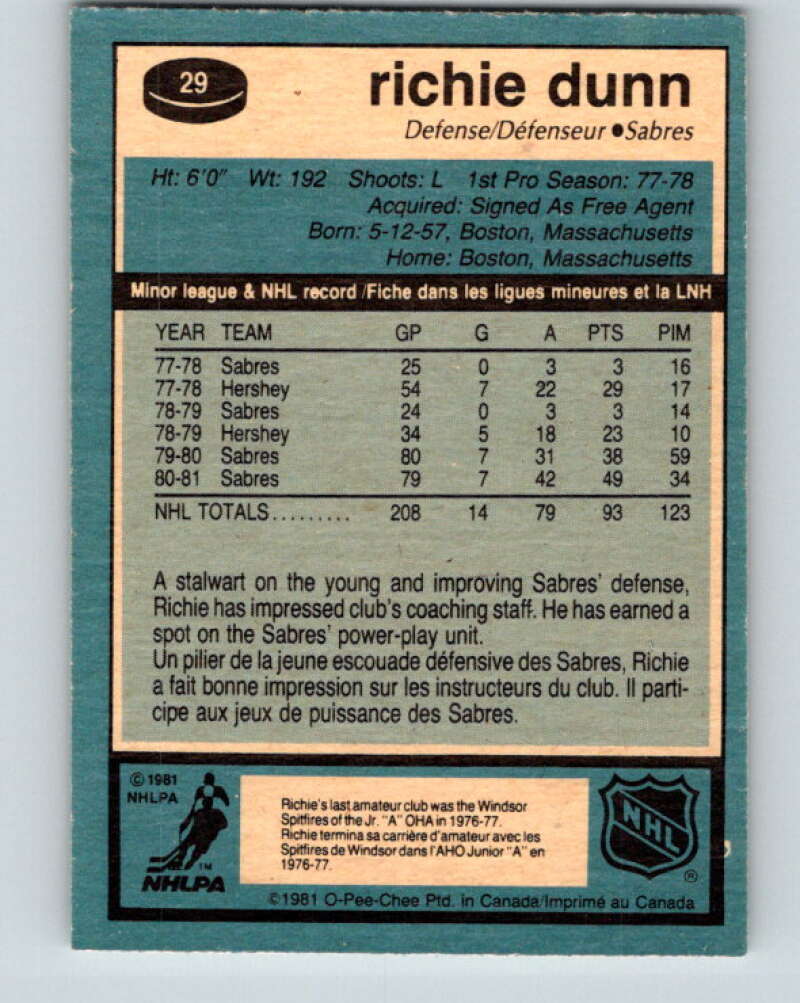 1981-82 O-Pee-Chee #29 Richie Dunn Buffalo Sabres V29576
