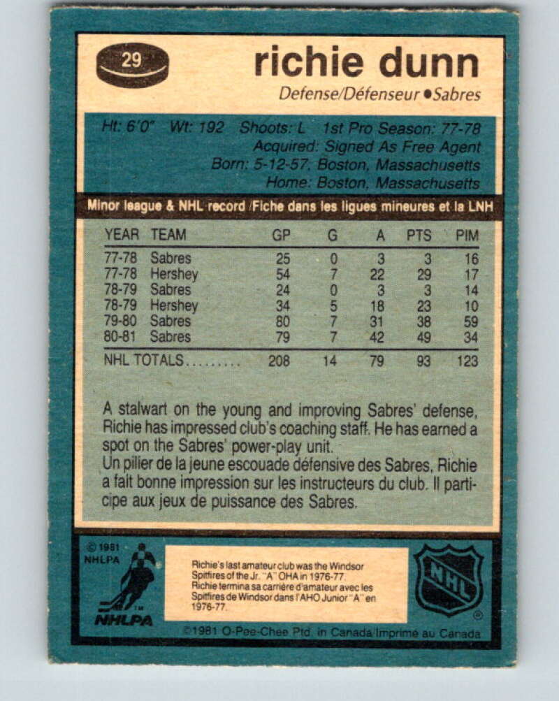 1981-82 O-Pee-Chee #29 Richie Dunn Buffalo Sabres V29579