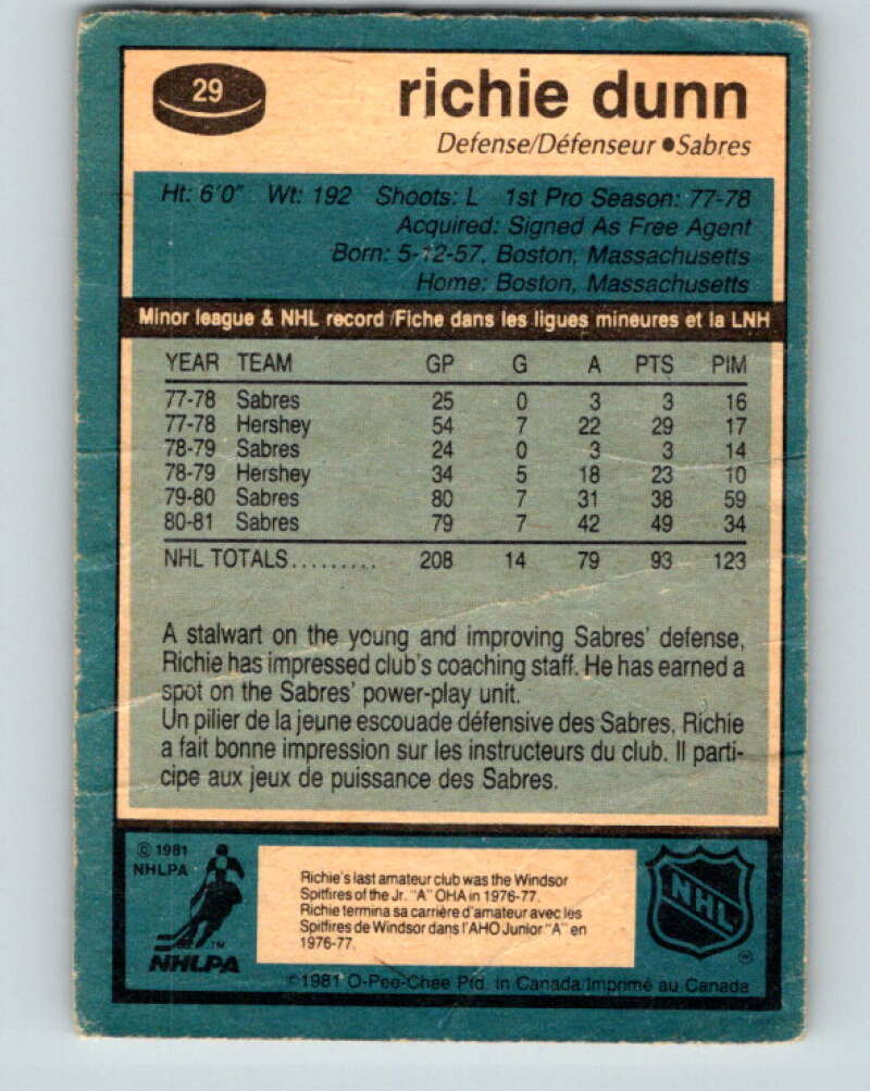 1981-82 O-Pee-Chee #29 Richie Dunn Buffalo Sabres V29580