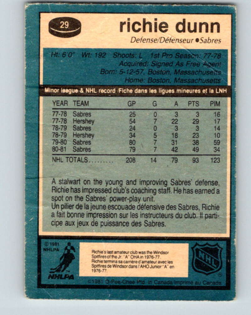 1981-82 O-Pee-Chee #29 Richie Dunn Buffalo Sabres V29581