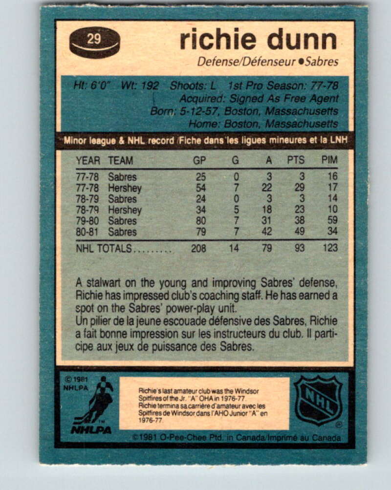 1981-82 O-Pee-Chee #29 Richie Dunn Buffalo Sabres V29584