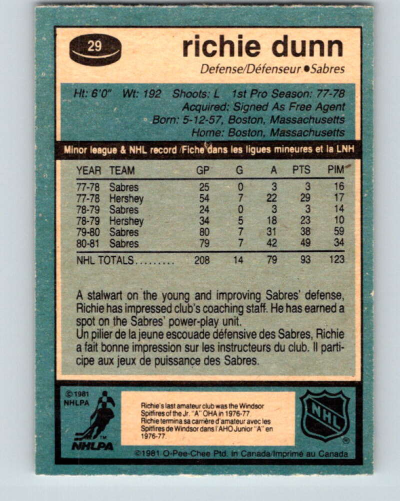 1981-82 O-Pee-Chee #29 Richie Dunn Buffalo Sabres V29585
