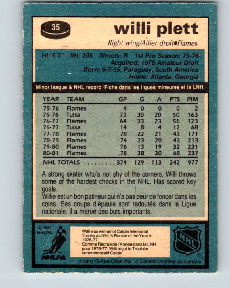 1981-82 O-Pee-Chee #35 Willi Plett Calgary Flames V29626