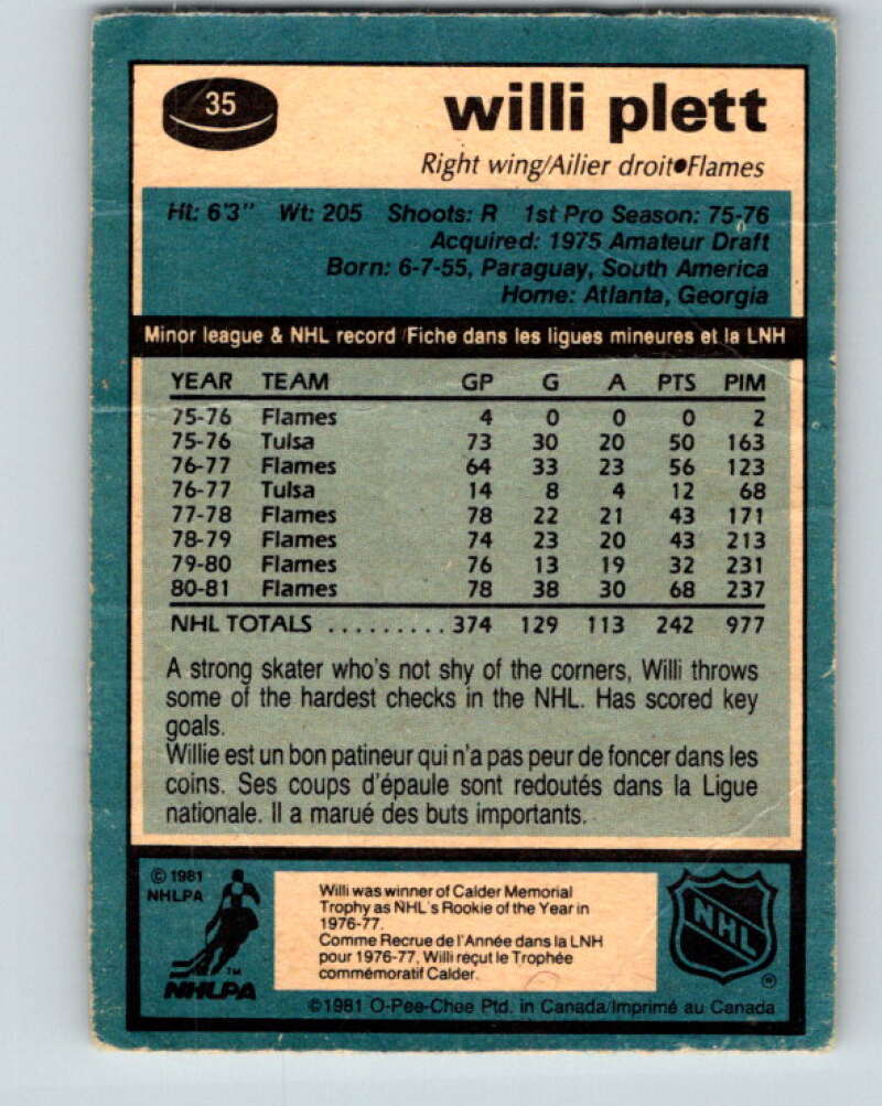 1981-82 O-Pee-Chee #35 Willi Plett Calgary Flames V29629
