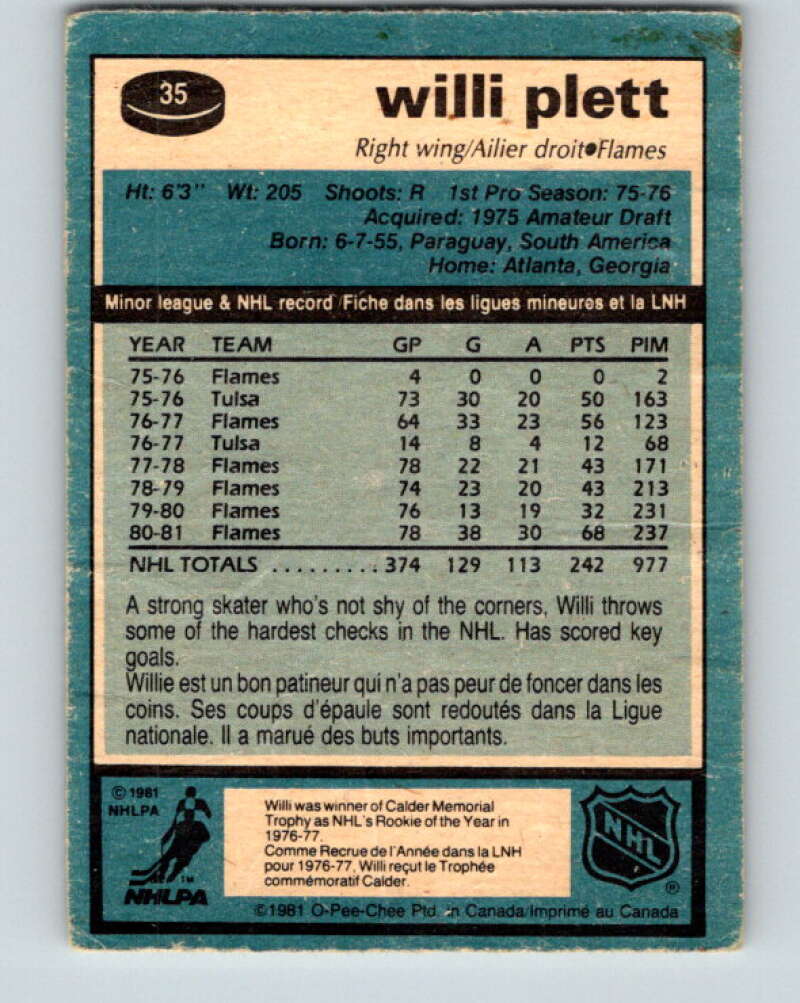 1981-82 O-Pee-Chee #35 Willi Plett Calgary Flames V29630