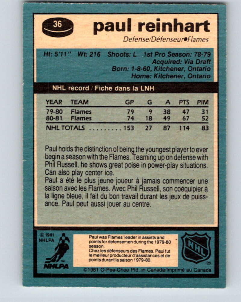 1981-82 O-Pee-Chee #36 Paul Reinhart Calgary Flames V29631