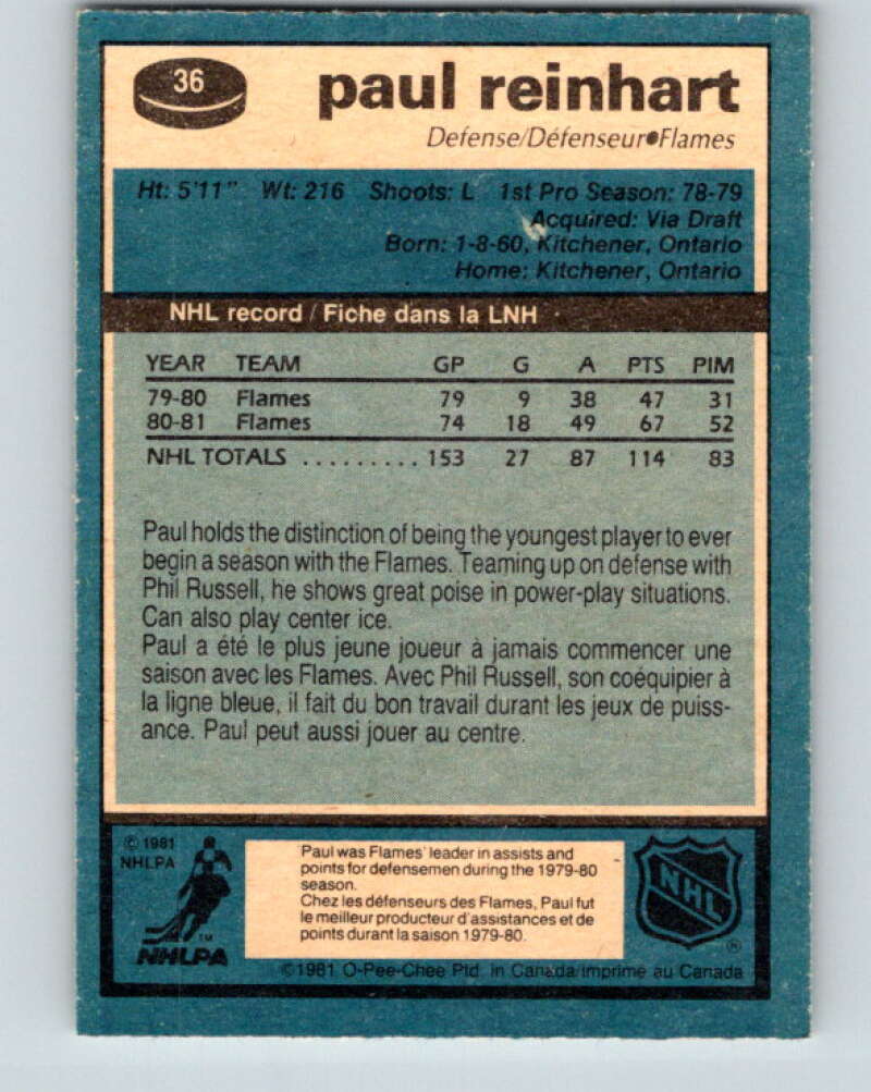 1981-82 O-Pee-Chee #36 Paul Reinhart Calgary Flames V29632