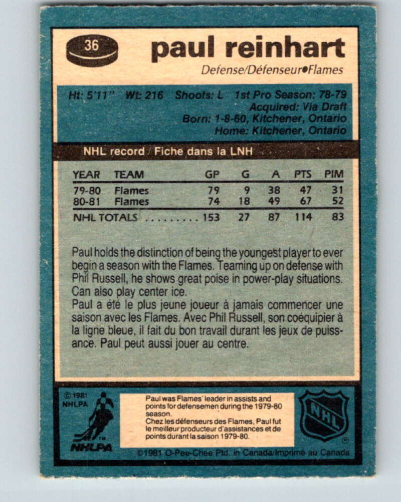 1981-82 O-Pee-Chee #36 Paul Reinhart Calgary Flames V29633