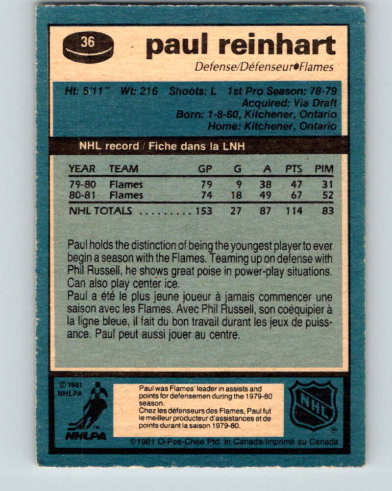 1981-82 O-Pee-Chee #36 Paul Reinhart Calgary Flames V29634
