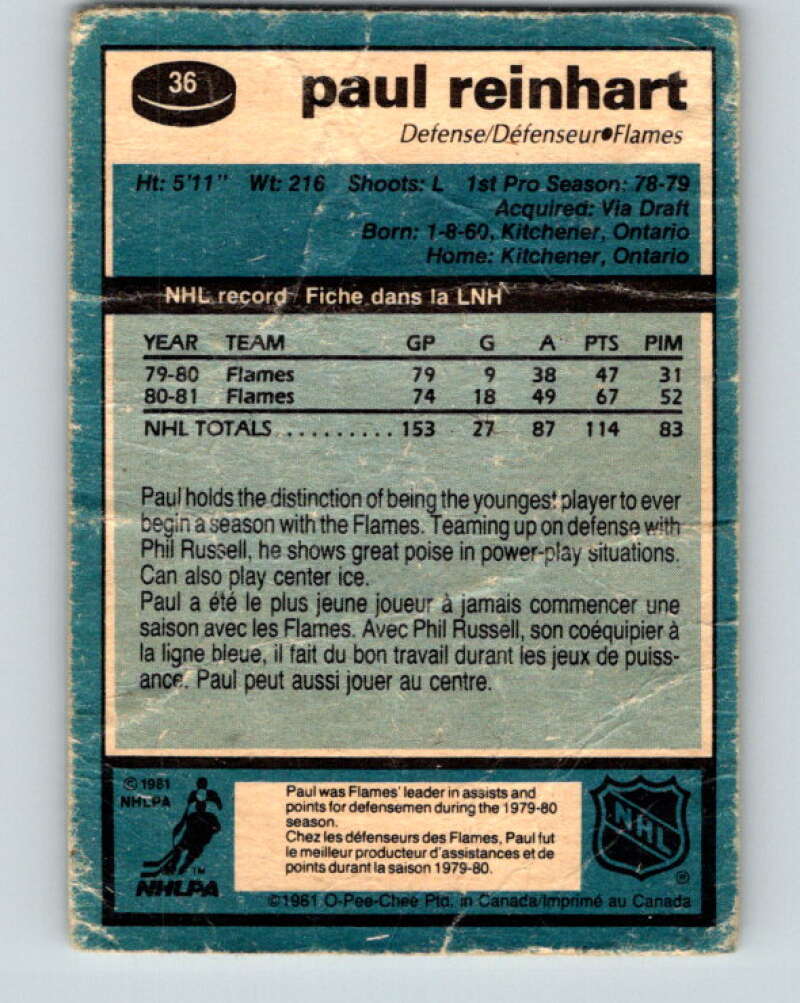 1981-82 O-Pee-Chee #36 Paul Reinhart Calgary Flames V29635