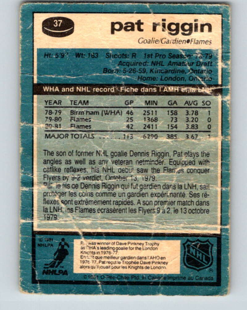 1981-82 O-Pee-Chee #37 Pat Riggin RC Rookie Calgary Flames V29638
