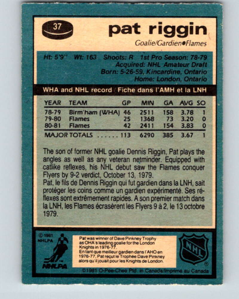 1981-82 O-Pee-Chee #37 Pat Riggin RC Rookie Calgary Flames V29639