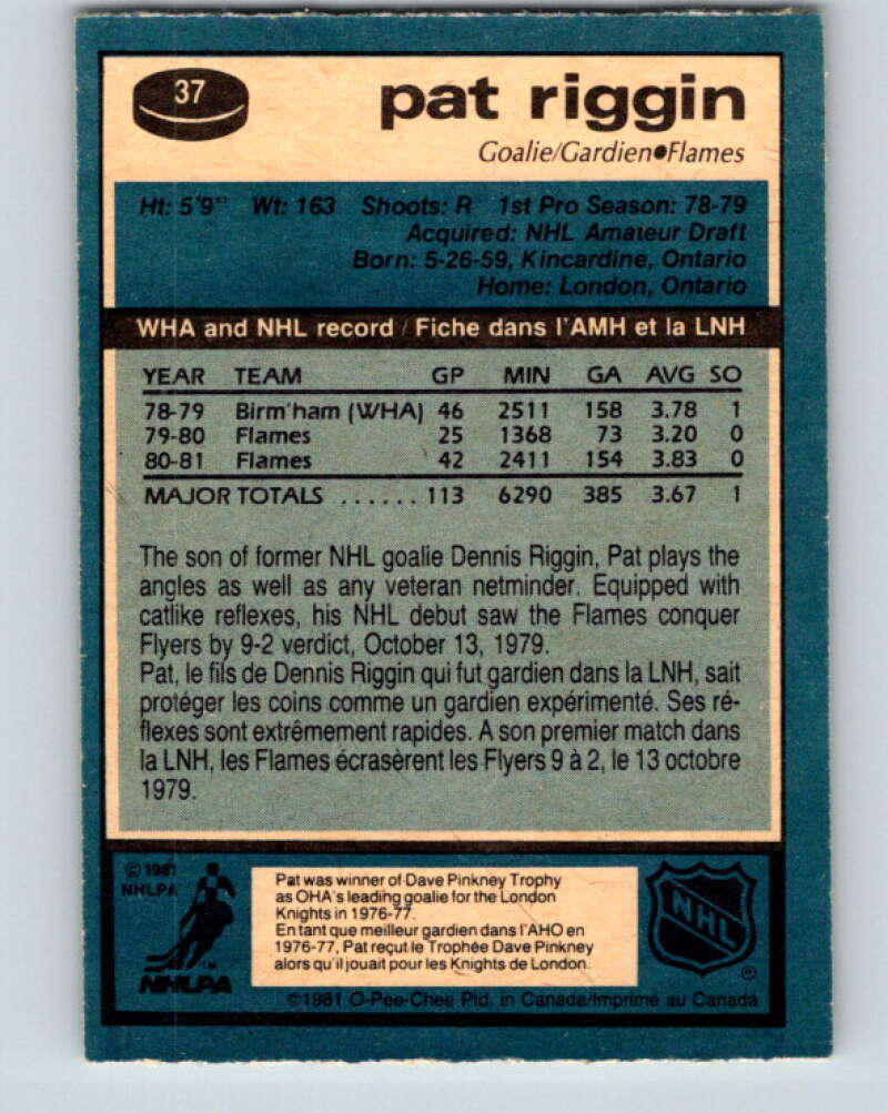 1981-82 O-Pee-Chee #37 Pat Riggin RC Rookie Calgary Flames V29640