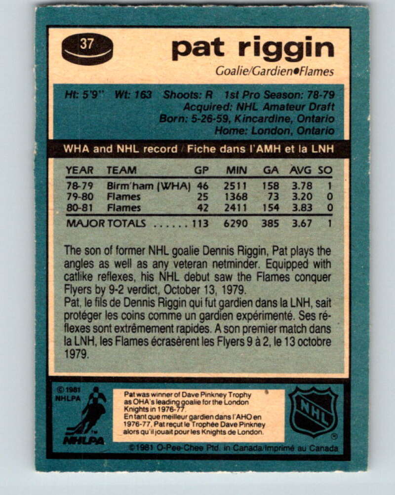 1981-82 O-Pee-Chee #37 Pat Riggin RC Rookie Calgary Flames V29641