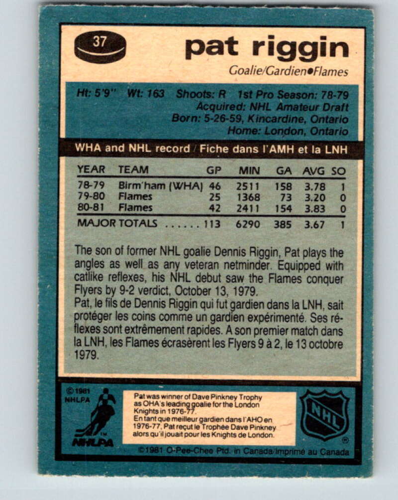 1981-82 O-Pee-Chee #37 Pat Riggin RC Rookie Calgary Flames V29642