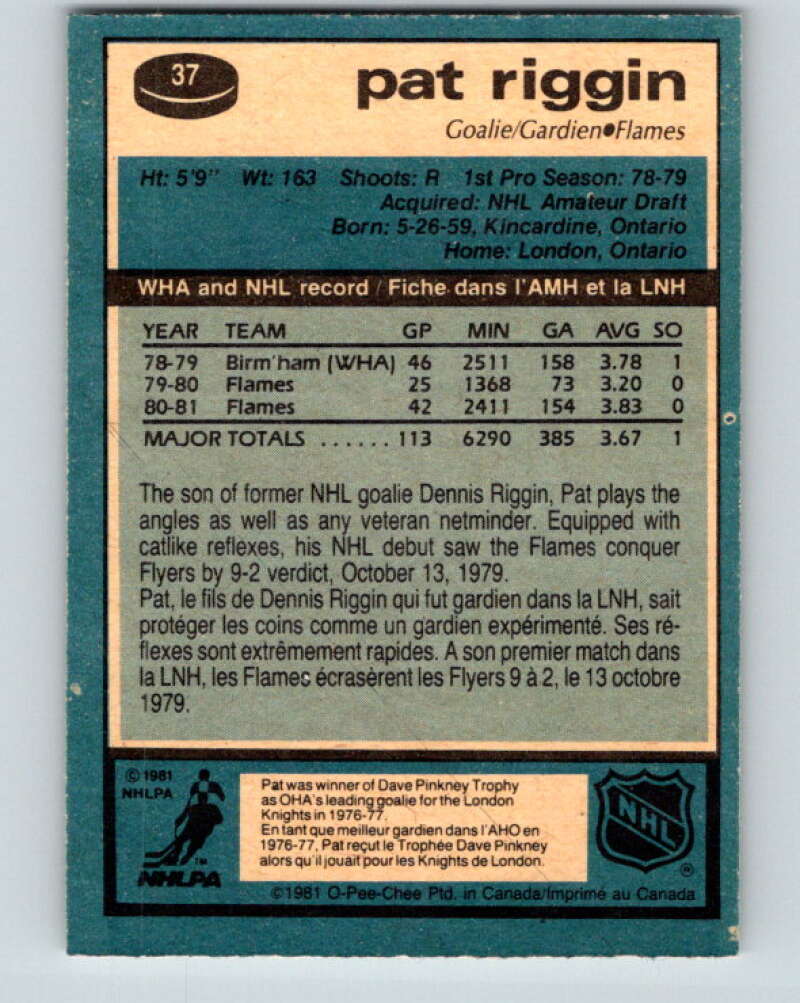 1981-82 O-Pee-Chee #37 Pat Riggin RC Rookie Calgary Flames V29643