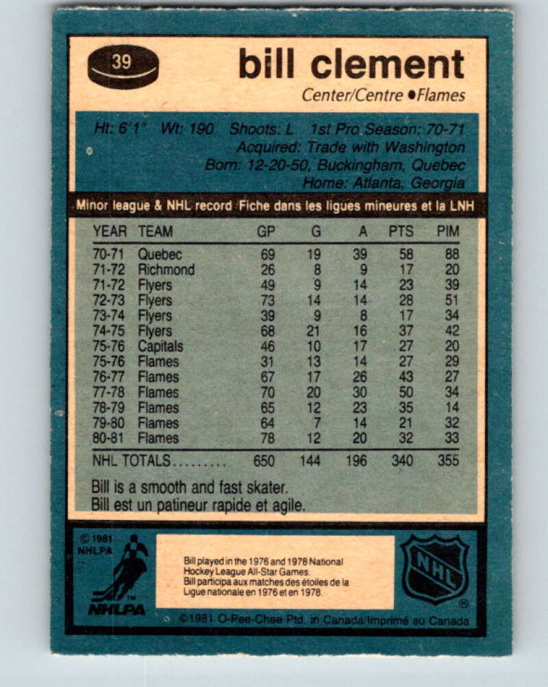 1981-82 O-Pee-Chee #39 Bill Clement Calgary Flames V29654