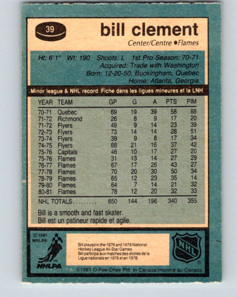 1981-82 O-Pee-Chee #39 Bill Clement Calgary Flames V29656