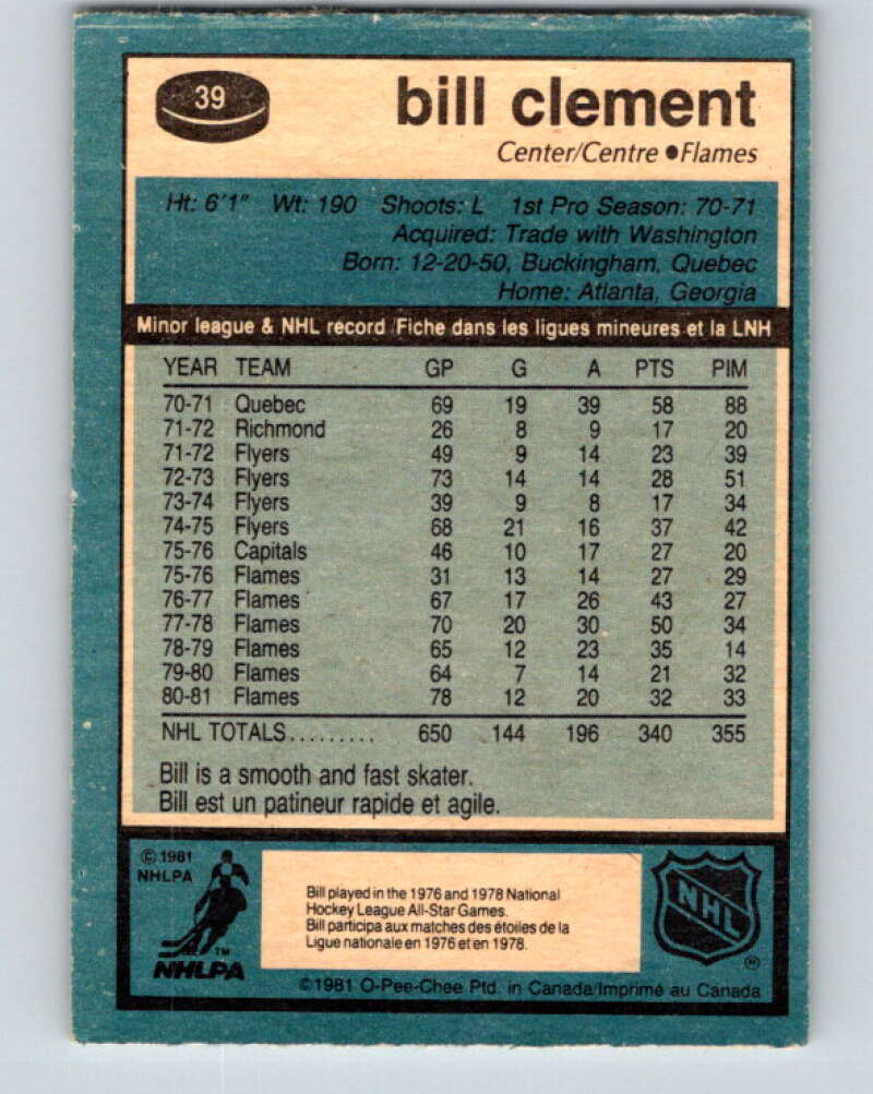 1981-82 O-Pee-Chee #39 Bill Clement Calgary Flames V29657