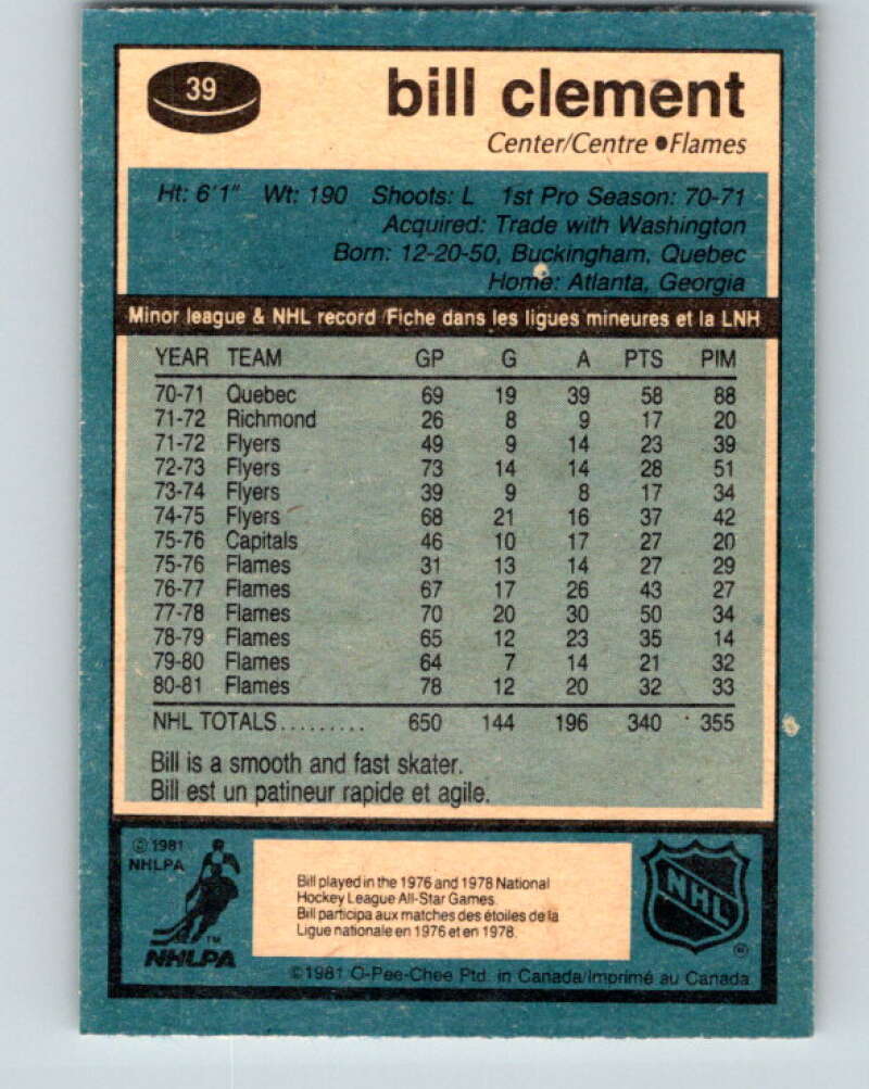 1981-82 O-Pee-Chee #39 Bill Clement Calgary Flames V29658