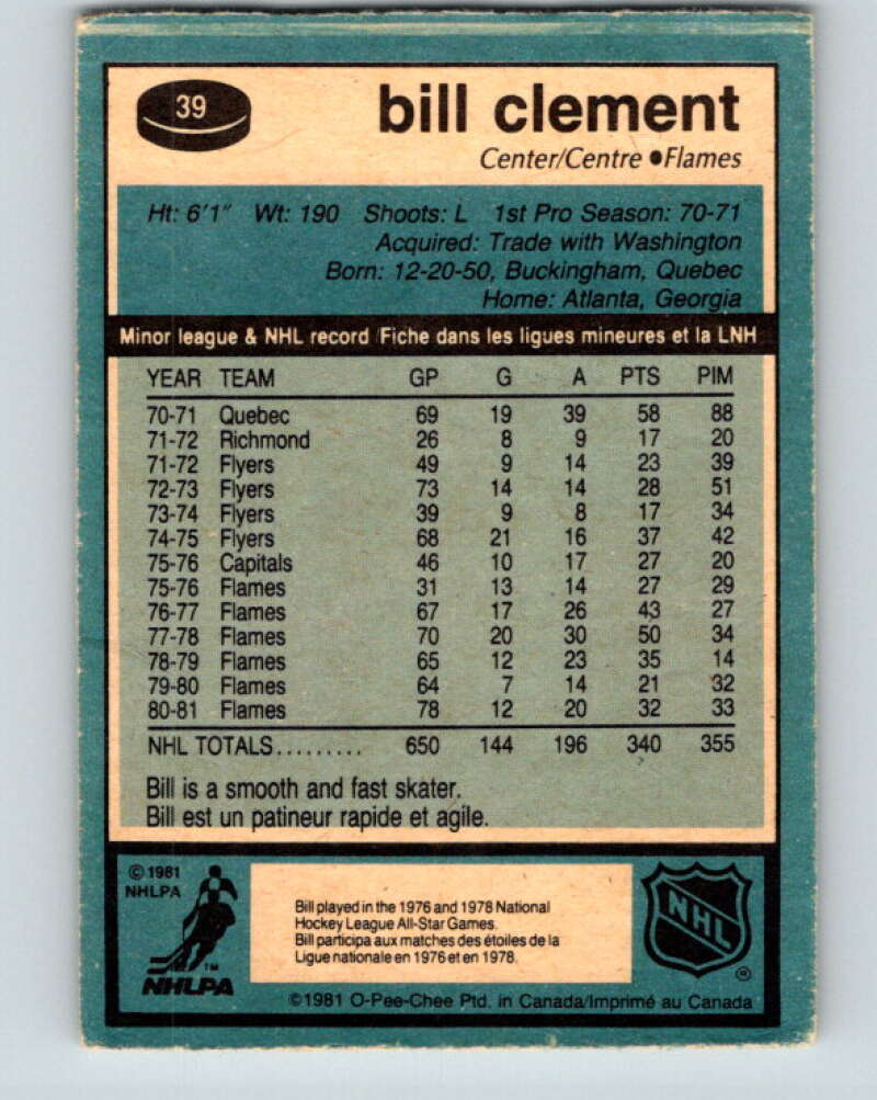 1981-82 O-Pee-Chee #39 Bill Clement Calgary Flames V29659
