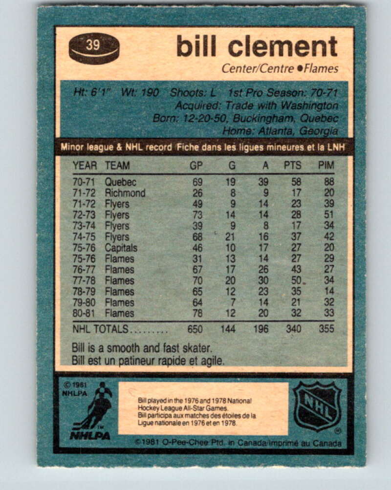 1981-82 O-Pee-Chee #39 Bill Clement Calgary Flames V29660