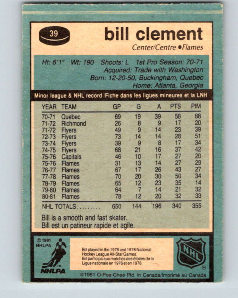1981-82 O-Pee-Chee #39 Bill Clement Calgary Flames V29661