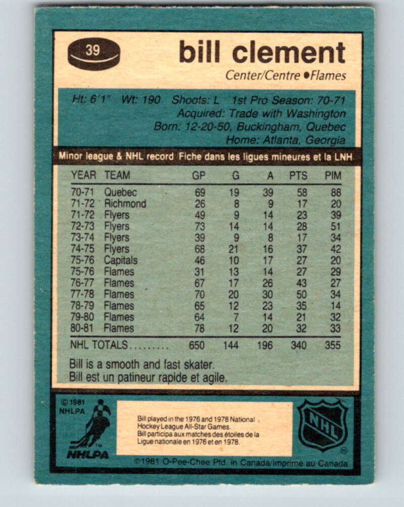 1981-82 O-Pee-Chee #39 Bill Clement Calgary Flames V29662