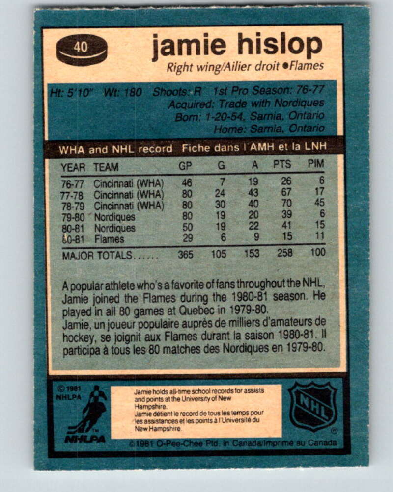 1981-82 O-Pee-Chee #40 Jamie Hislop Calgary Flames V29663