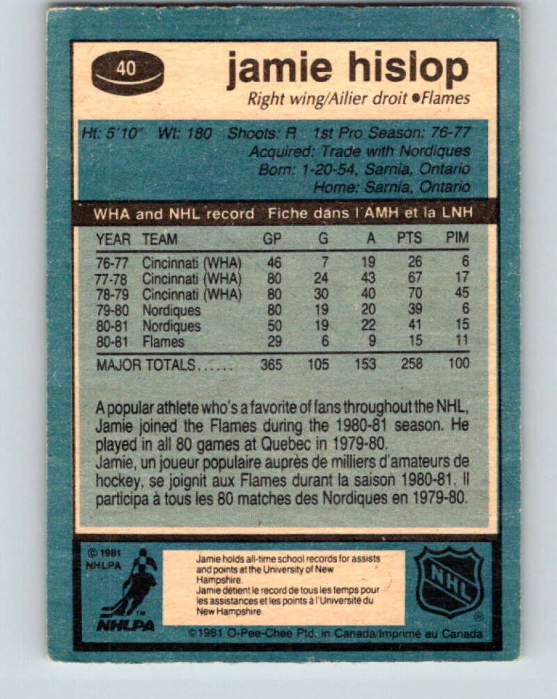 1981-82 O-Pee-Chee #40 Jamie Hislop Calgary Flames V29664