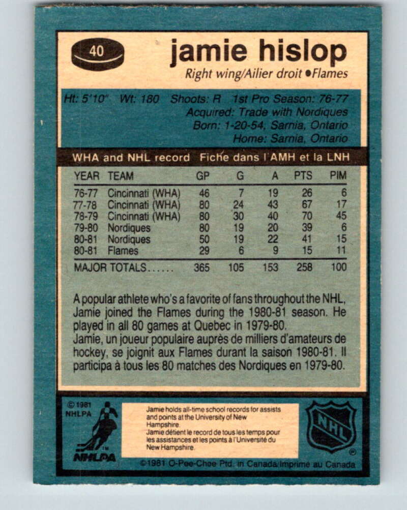 1981-82 O-Pee-Chee #40 Jamie Hislop Calgary Flames V29666