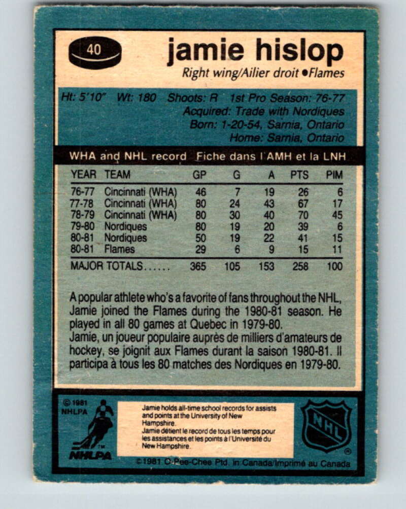 1981-82 O-Pee-Chee #40 Jamie Hislop Calgary Flames V29667
