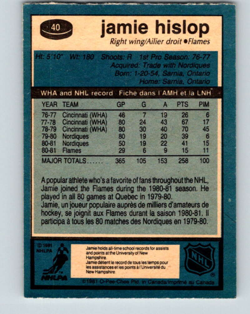 1981-82 O-Pee-Chee #40 Jamie Hislop Calgary Flames V29668