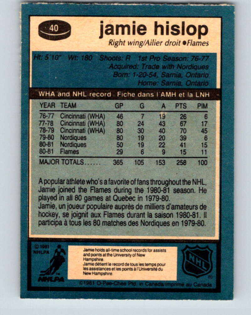 1981-82 O-Pee-Chee #40 Jamie Hislop Calgary Flames V29669