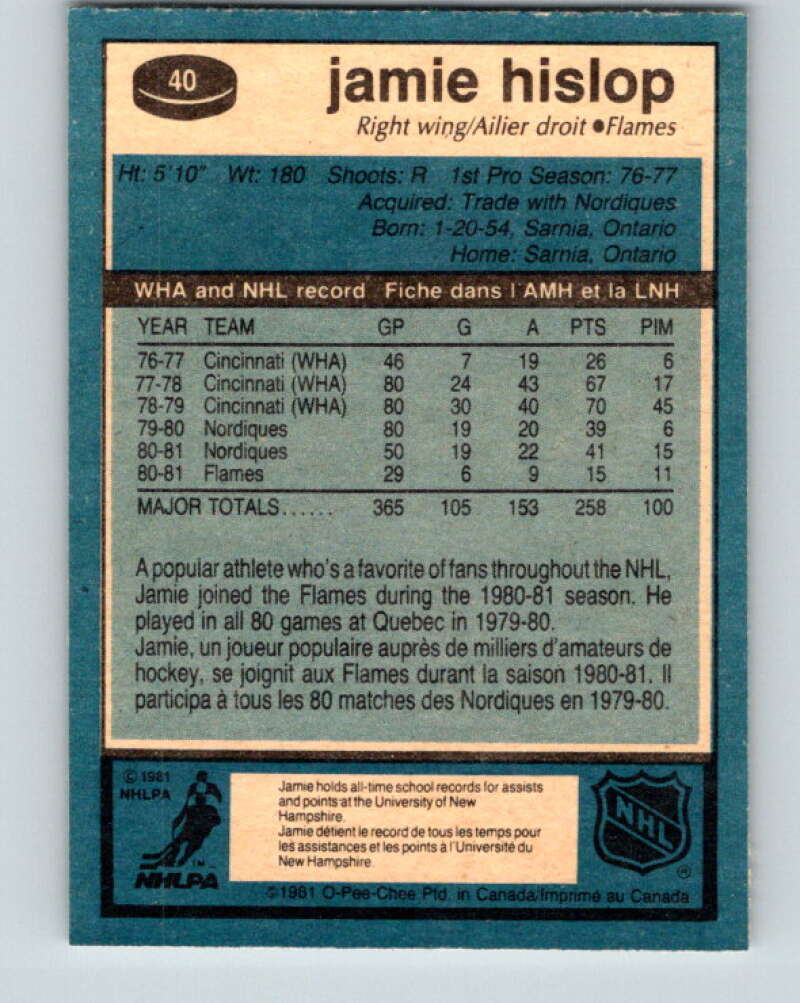 1981-82 O-Pee-Chee #40 Jamie Hislop Calgary Flames V29670