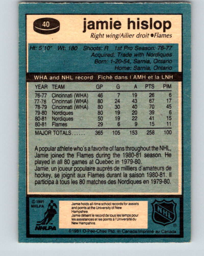1981-82 O-Pee-Chee #40 Jamie Hislop Calgary Flames V29672