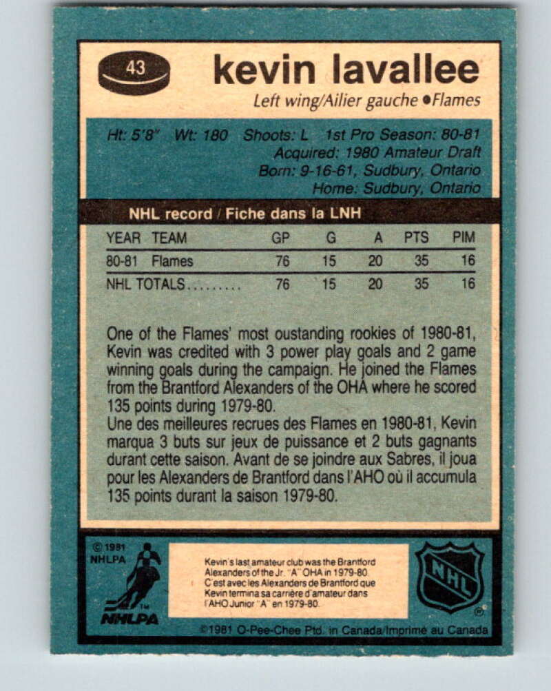 1981-82 O-Pee-Chee #43 Kevin LaVallee RC Rookie Calgary Flames V29689