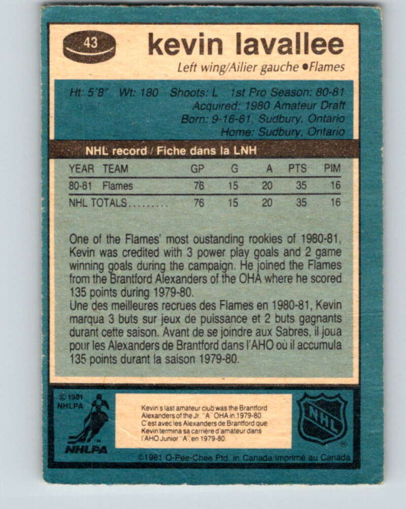 1981-82 O-Pee-Chee #43 Kevin LaVallee RC Rookie Calgary Flames V29690