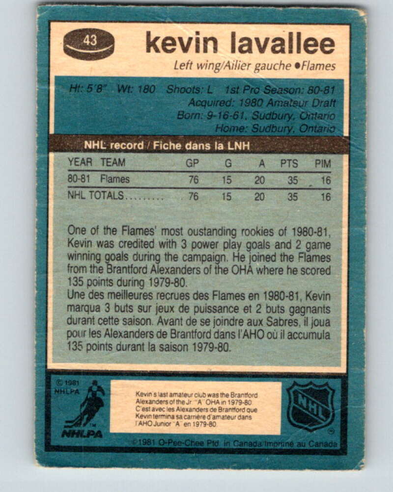 1981-82 O-Pee-Chee #43 Kevin LaVallee RC Rookie Calgary Flames V29691