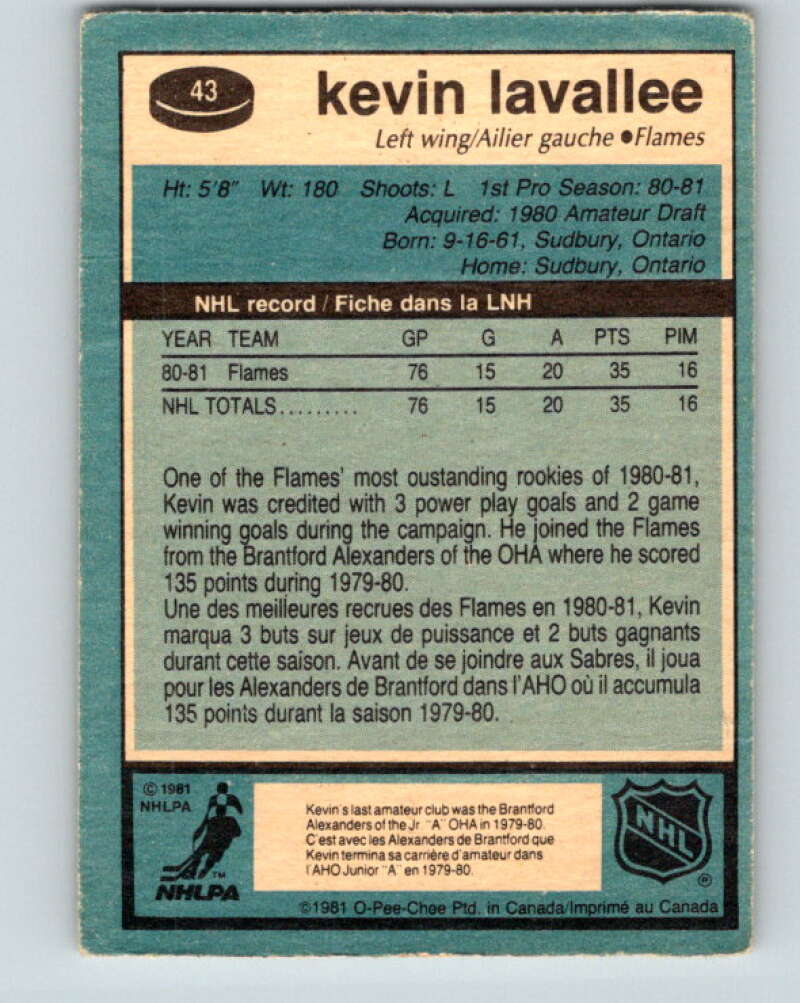 1981-82 O-Pee-Chee #43 Kevin LaVallee RC Rookie Calgary Flames V29692