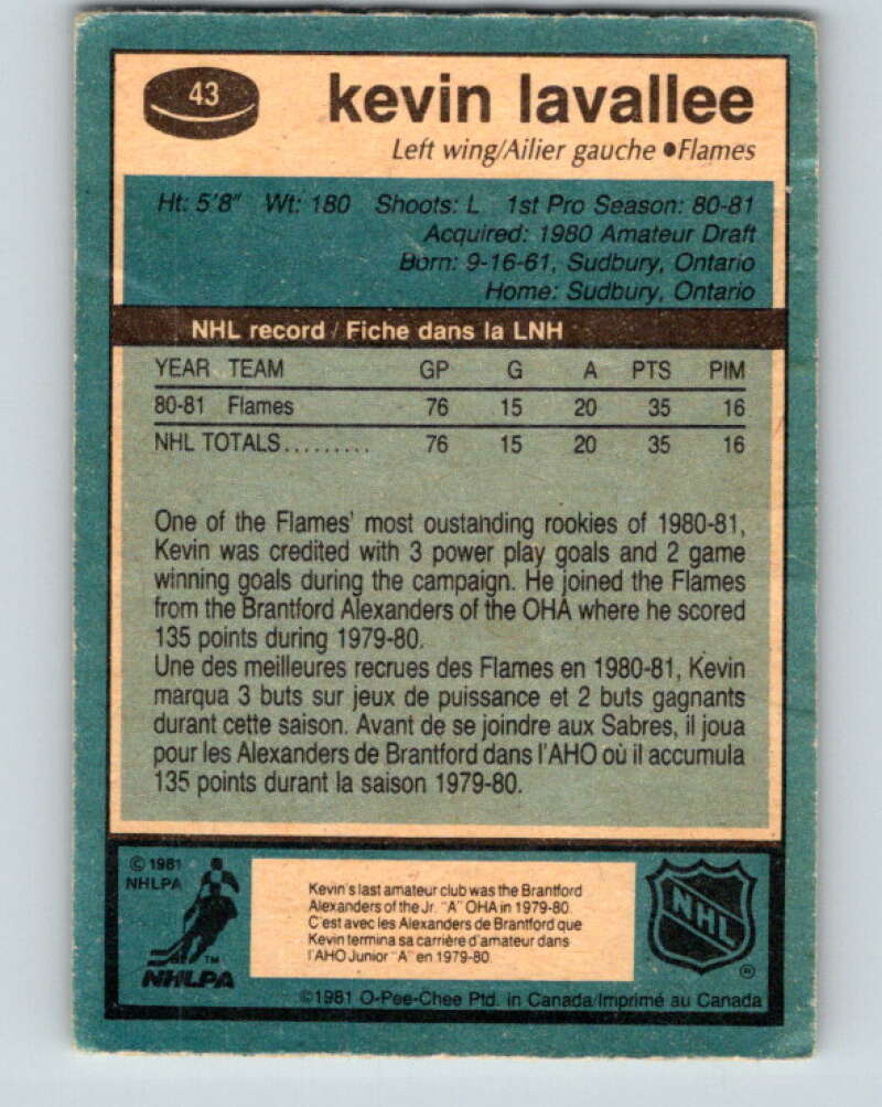 1981-82 O-Pee-Chee #43 Kevin LaVallee RC Rookie Calgary Flames V29695