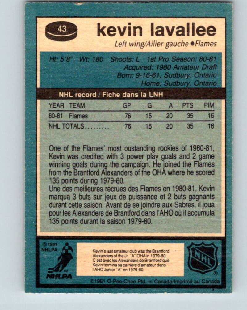 1981-82 O-Pee-Chee #43 Kevin LaVallee RC Rookie Calgary Flames V29696