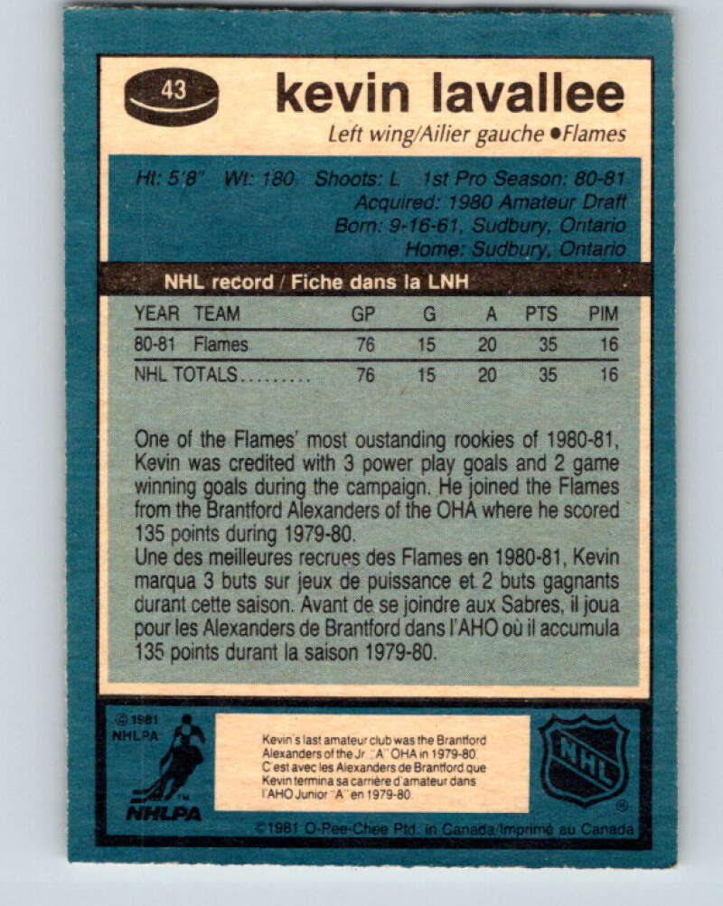 1981-82 O-Pee-Chee #43 Kevin LaVallee RC Rookie Calgary Flames V29698