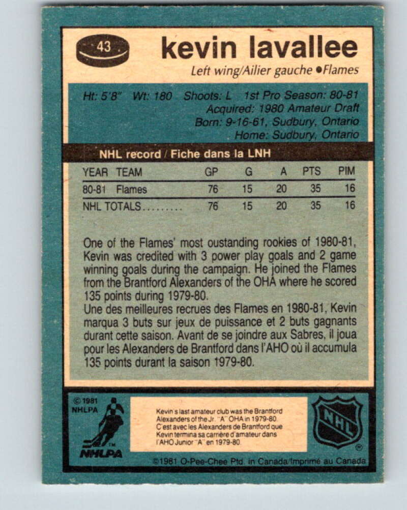 1981-82 O-Pee-Chee #43 Kevin LaVallee RC Rookie Calgary Flames V29699