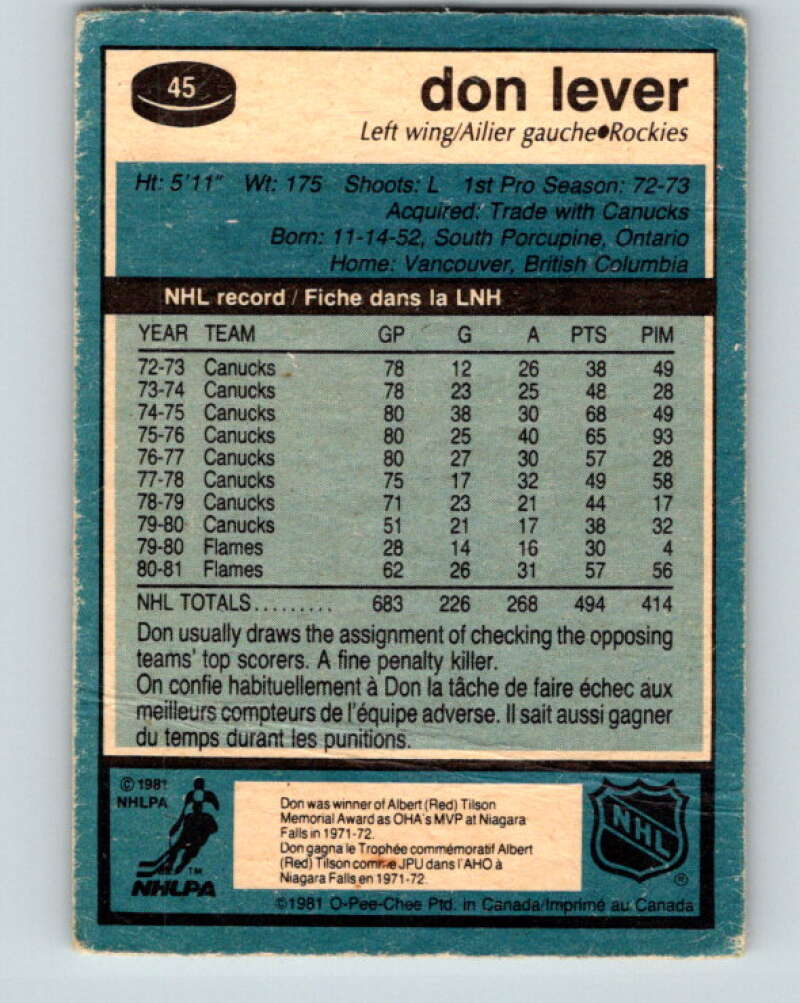 1981-82 O-Pee-Chee #45 Don Lever Colorado Rockies V29701