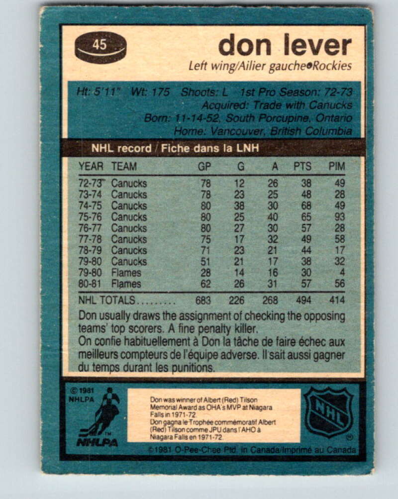 1981-82 O-Pee-Chee #45 Don Lever Colorado Rockies V29702