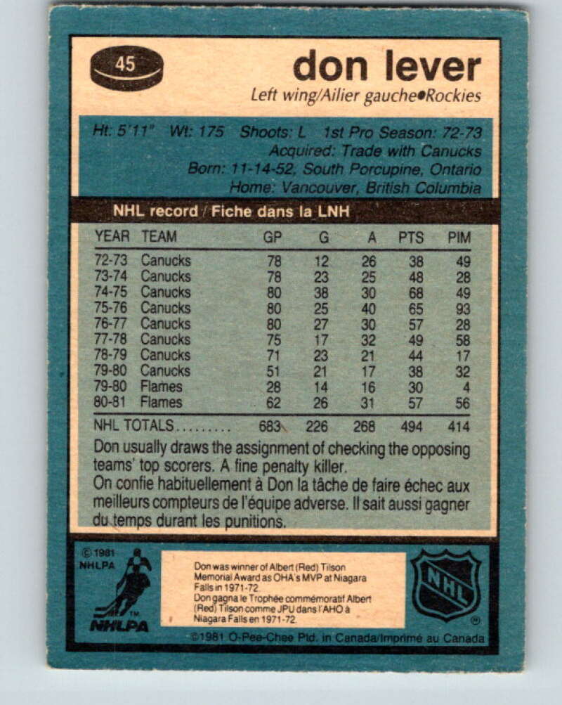 1981-82 O-Pee-Chee #45 Don Lever Colorado Rockies V29703