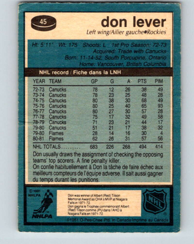 1981-82 O-Pee-Chee #45 Don Lever Colorado Rockies V29704