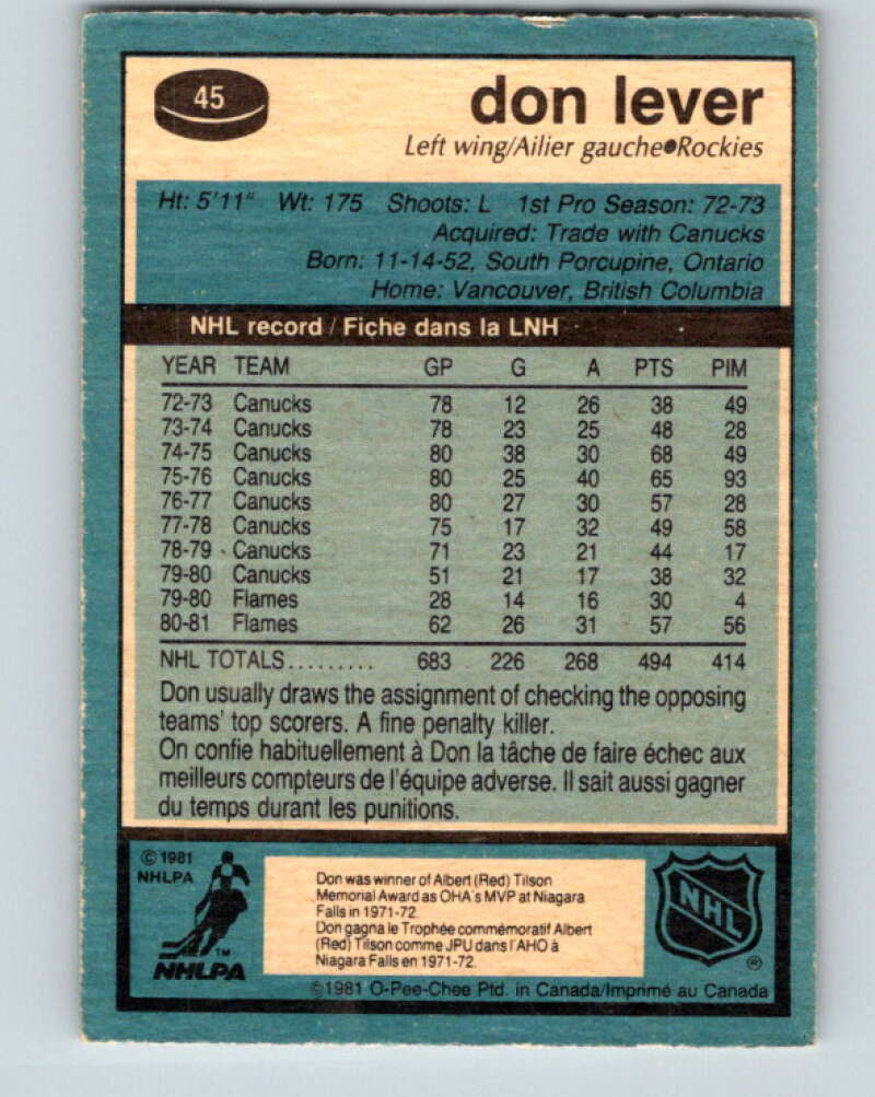 1981-82 O-Pee-Chee #45 Don Lever Colorado Rockies V29705
